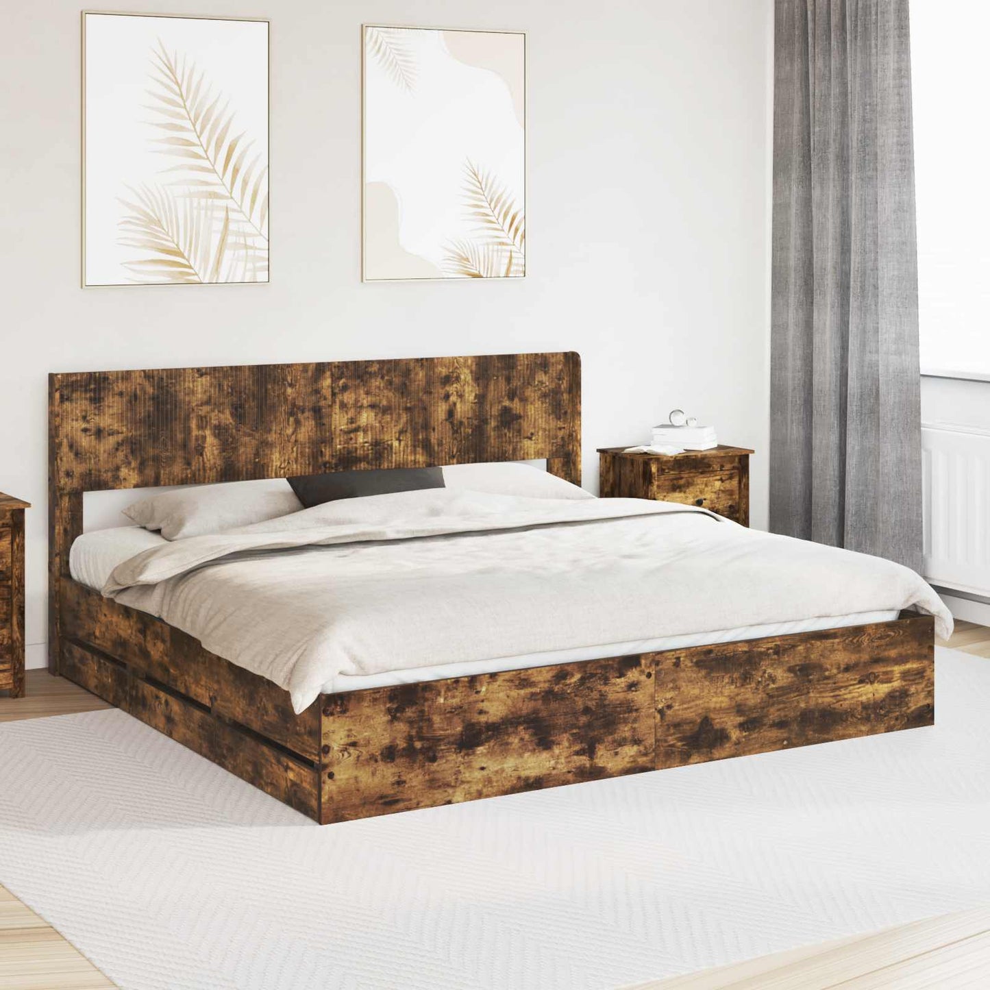 Bedframe met opbergruimte en hoofdbord met lade Gerookt eiken