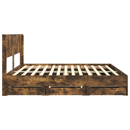 Bedframe met opbergruimte en hoofdbord met lade Gerookt eiken