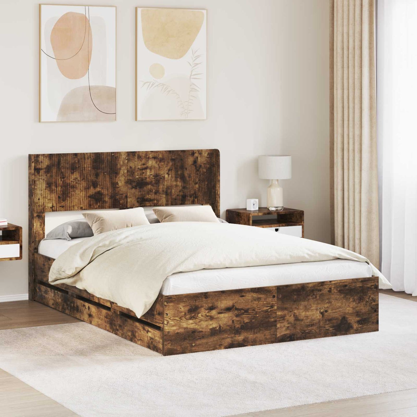 Bedframe met opbergruimte en hoofdbord met lade Gerookt eiken