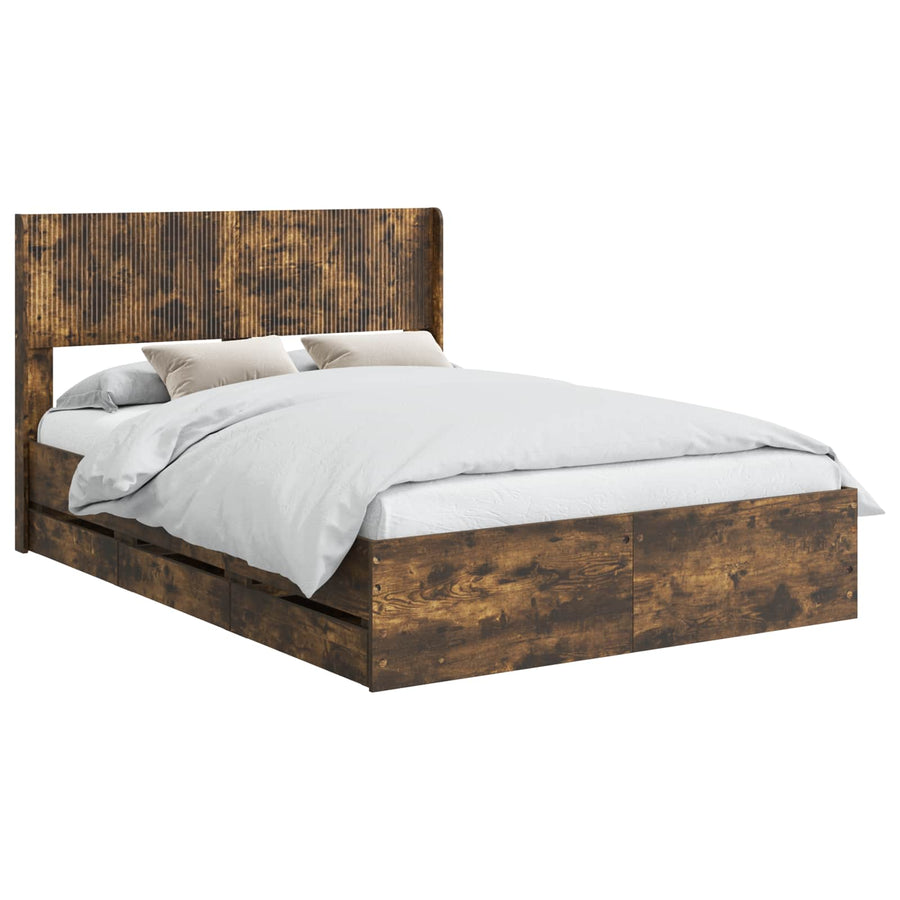 Bedframe met opbergruimte en hoofdbord met lade Gerookt eiken