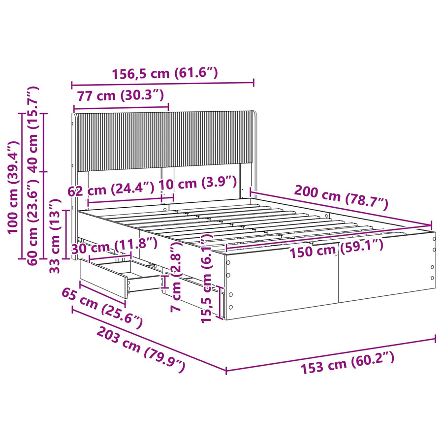 Bedframe met opbergruimte en hoofdbord met lade Gerookt eiken