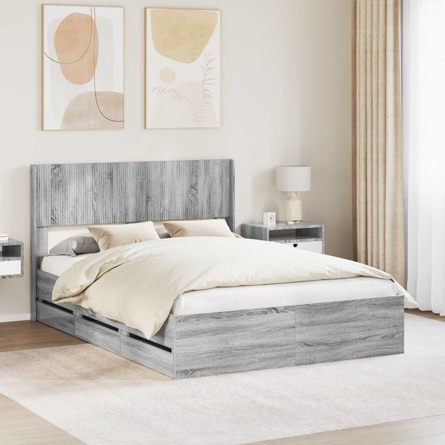 Bedframe met opbergruimte en hoofdbord met lade Grijs sonoma