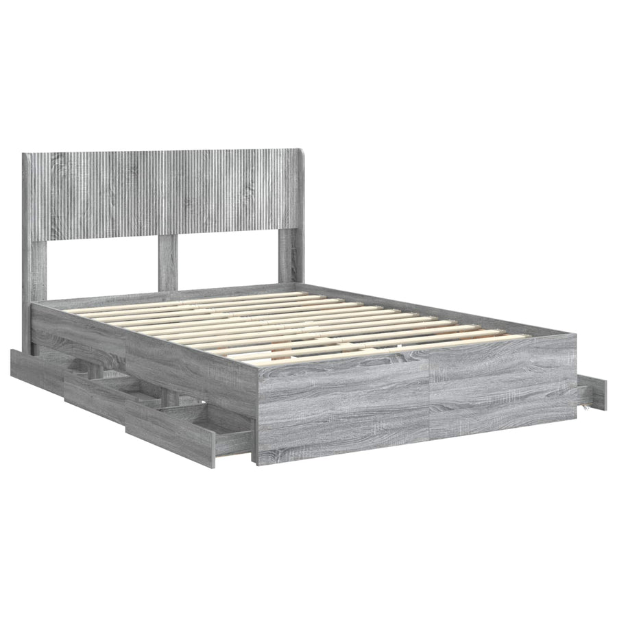 Bedframe met opbergruimte en hoofdbord met lade Grijs sonoma