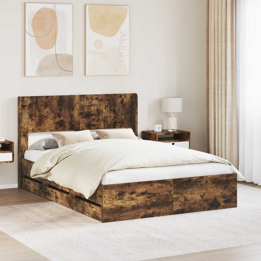 Bedframe met opbergruimte en hoofdbord met lade Gerookt eiken