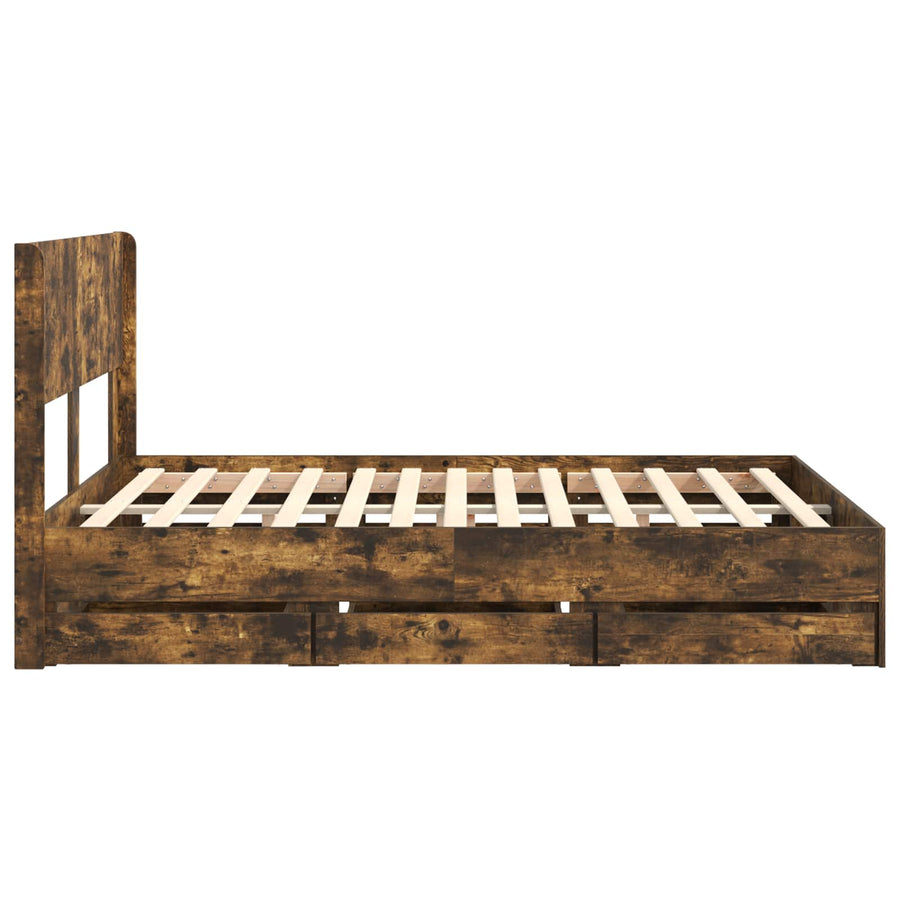 Bedframe met opbergruimte en hoofdbord met lade Gerookt eiken