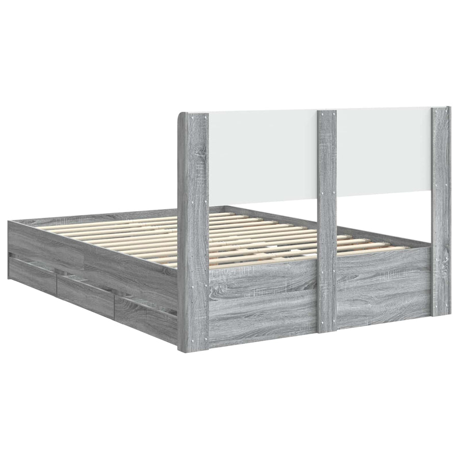 Bedframe met opbergruimte en hoofdbord met lade Grijs sonoma