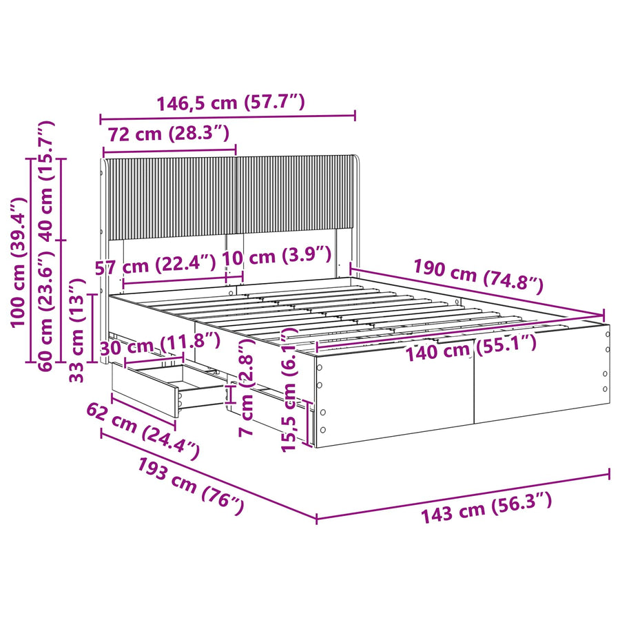Bedframe met opbergruimte en hoofdbord Wit 140 x 190 cm