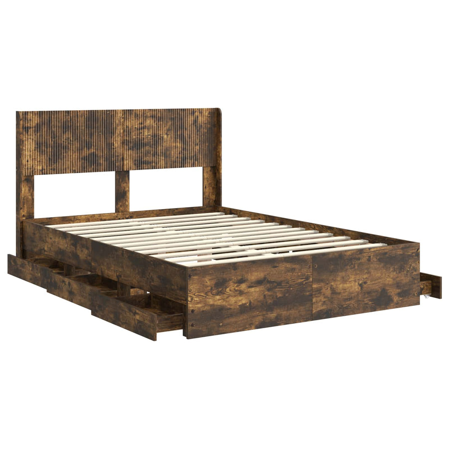 Bedframe met opbergruimte en hoofdbord met lade Gerookt eiken