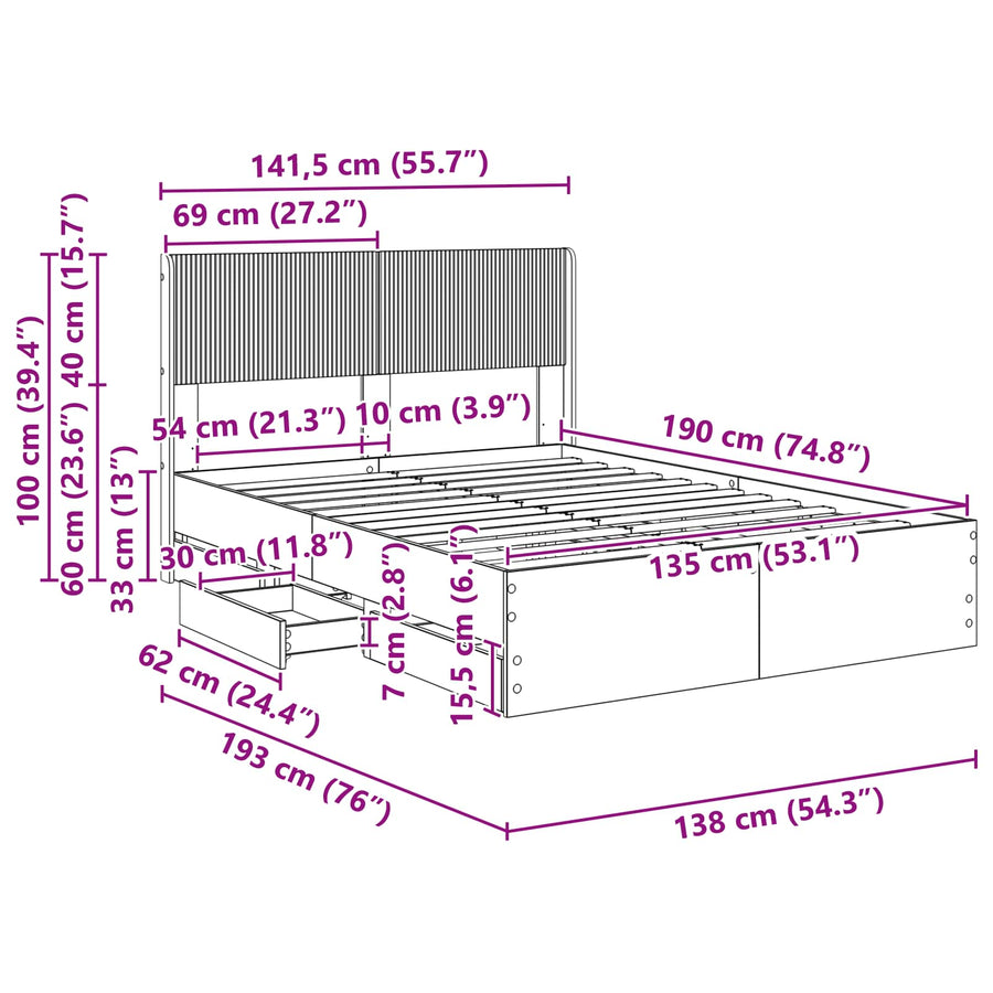 Bedframe met opbergruimte en hoofdbord Betongrijs 135 x 190 cm