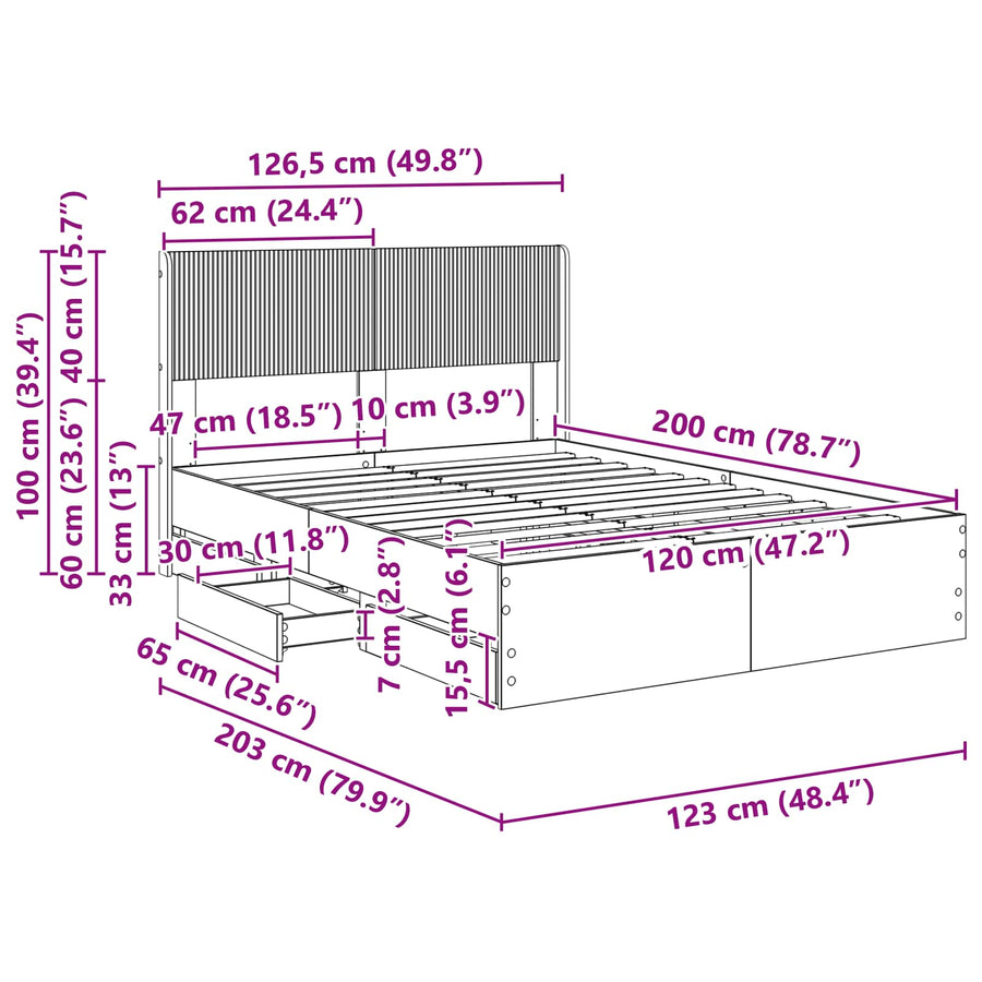 Bedframe met opbergruimte en hoofdbord met lade Gerookt eiken