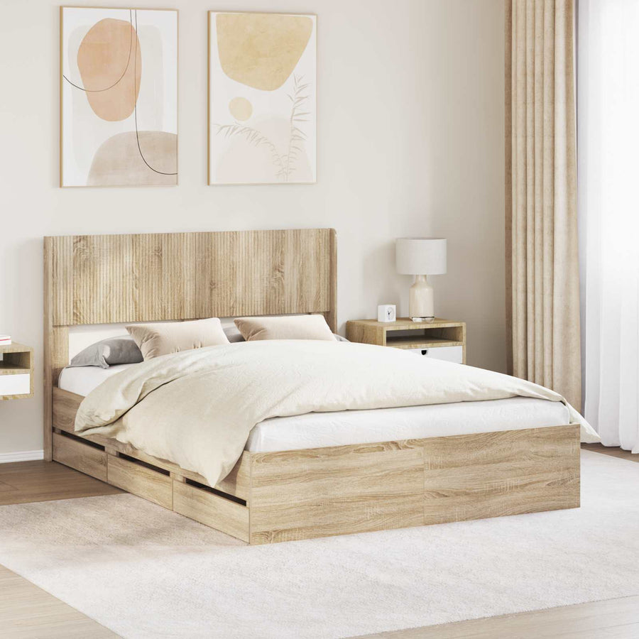 Bedframe met opbergruimte en hoofdbord met lade Sonoma Eiken