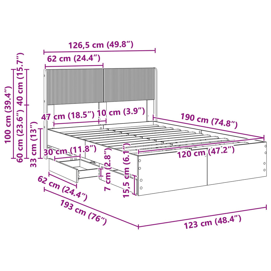 Bedframe met opbergruimte en hoofdbord met lade Grijs sonoma