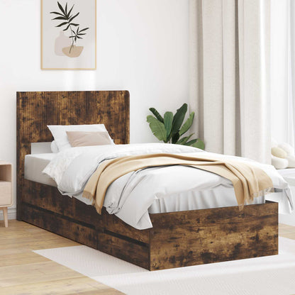 Bedframe met opbergruimte en hoofdbord met lade Gerookt eiken