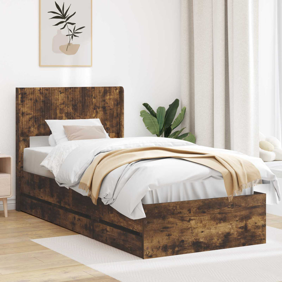 Bedframe met opbergruimte en hoofdbord met lade Gerookt eiken