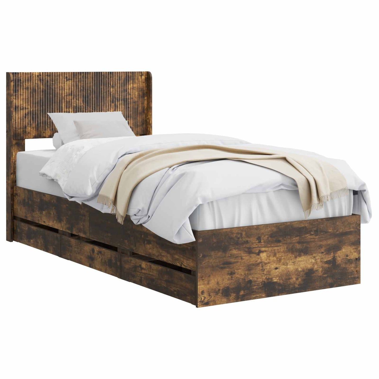 Bedframe met opbergruimte en hoofdbord met lade Gerookt eiken