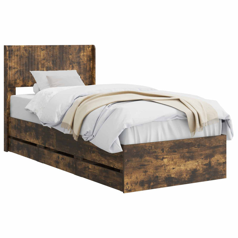 Bedframe met opbergruimte en hoofdbord met lade Gerookt eiken