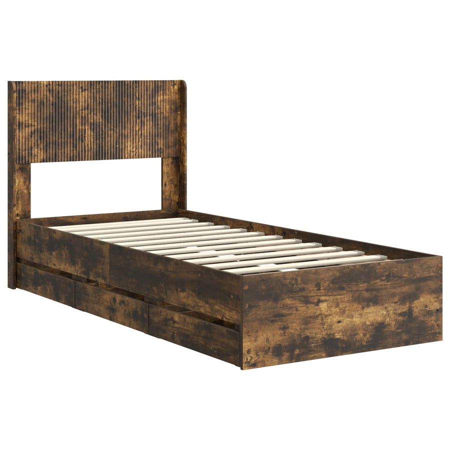 Bedframe met opbergruimte en hoofdbord met lade Gerookt eiken