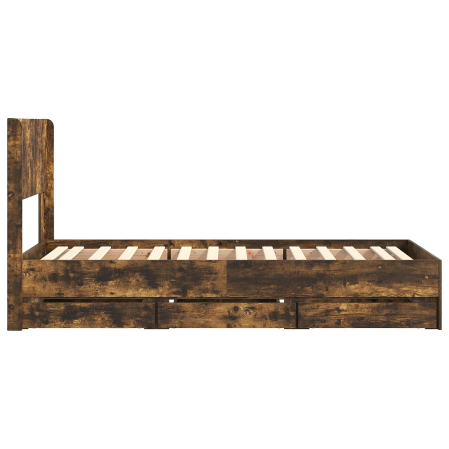 Bedframe met opbergruimte en hoofdbord met lade Gerookt eiken