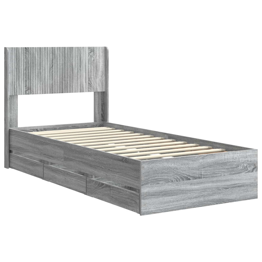 Bedframe met opbergruimte en hoofdbord met lade Grijs sonoma