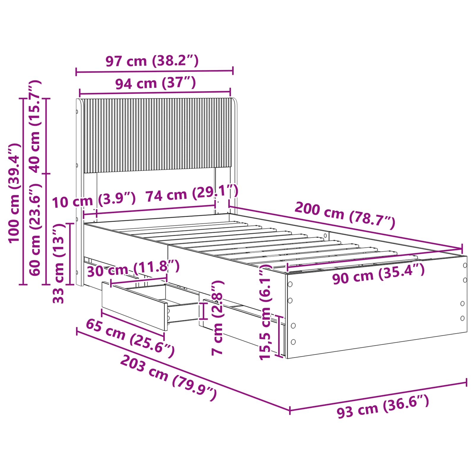 Bedframe met opbergruimte en hoofdbord Zwart 90 x 200 cm