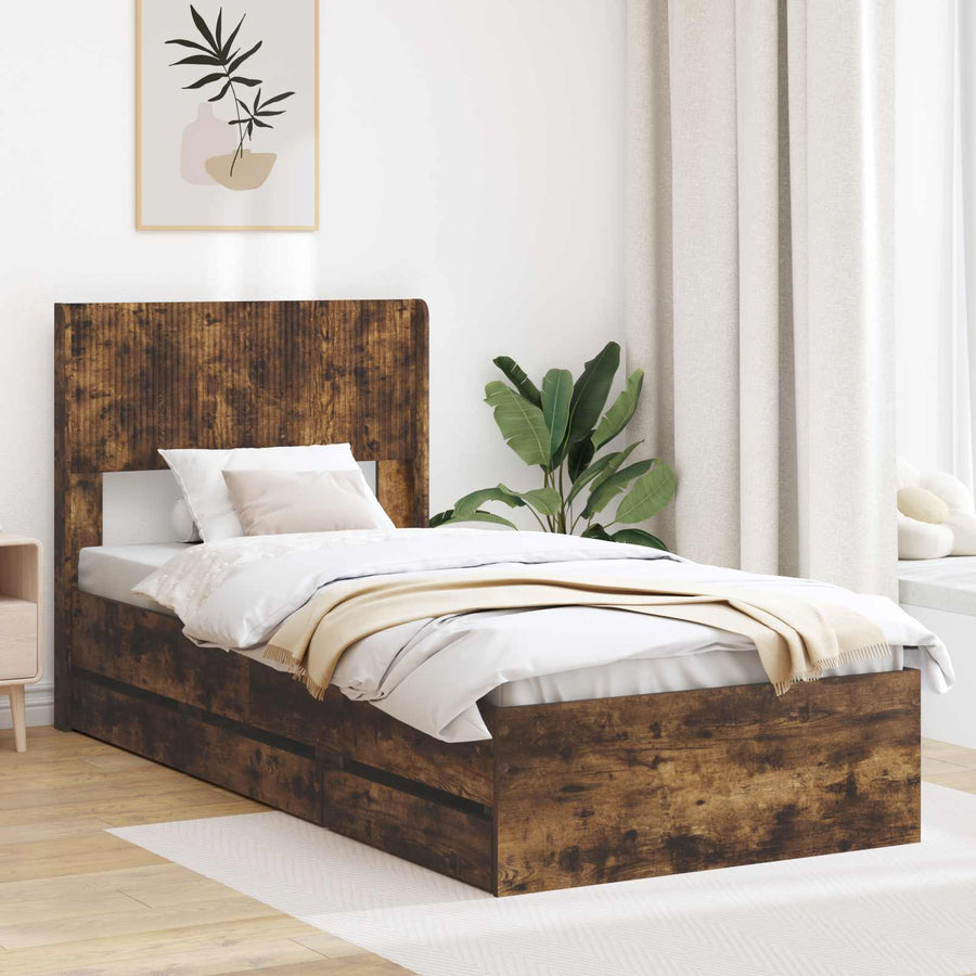 Bedframe met opbergruimte en hoofdbord met lade Gerookt eiken