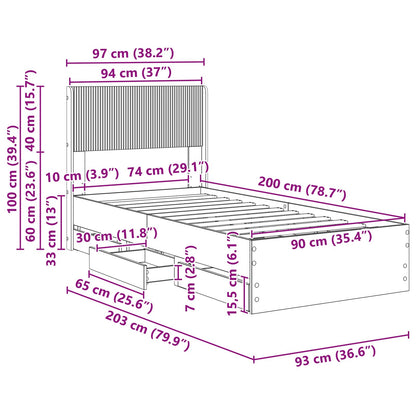 Bedframe met opbergruimte en hoofdbord met lade Gerookt eiken