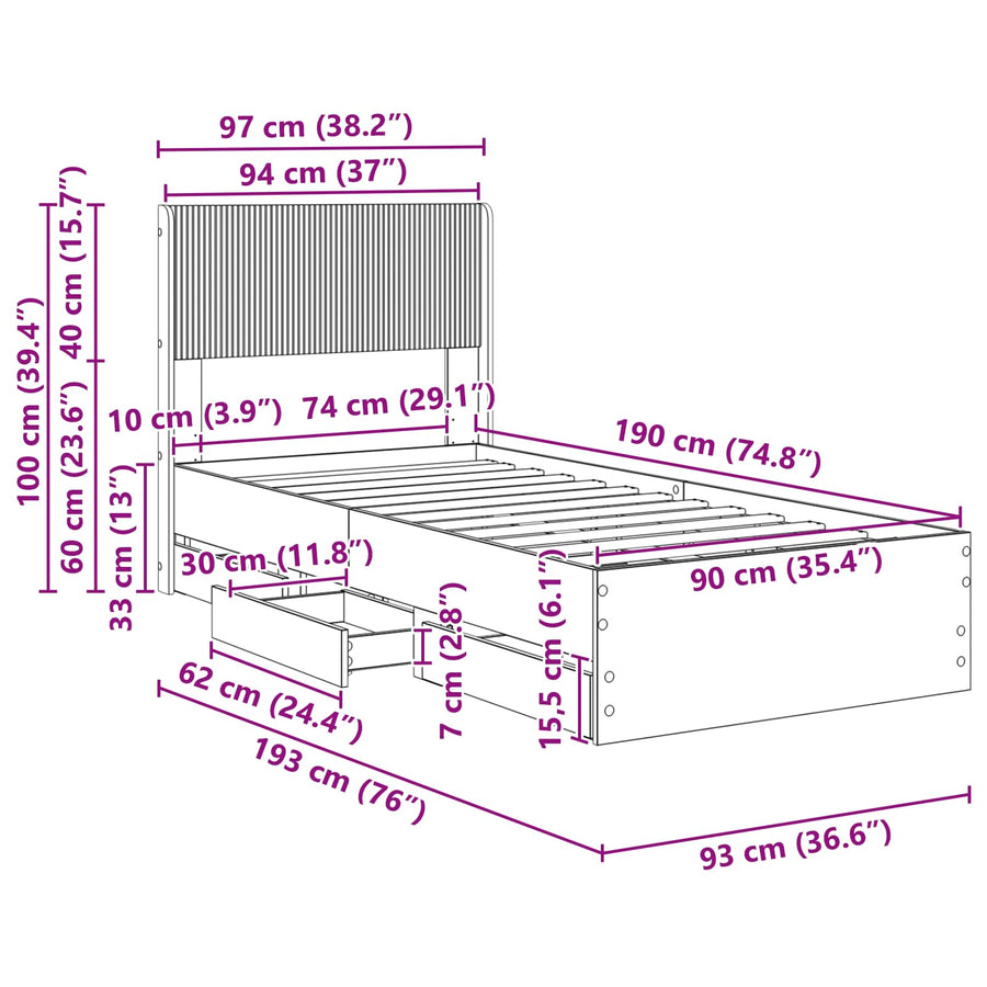 Bedframe met opbergruimte en hoofdbord Betongrijs 90 x 190 cm
