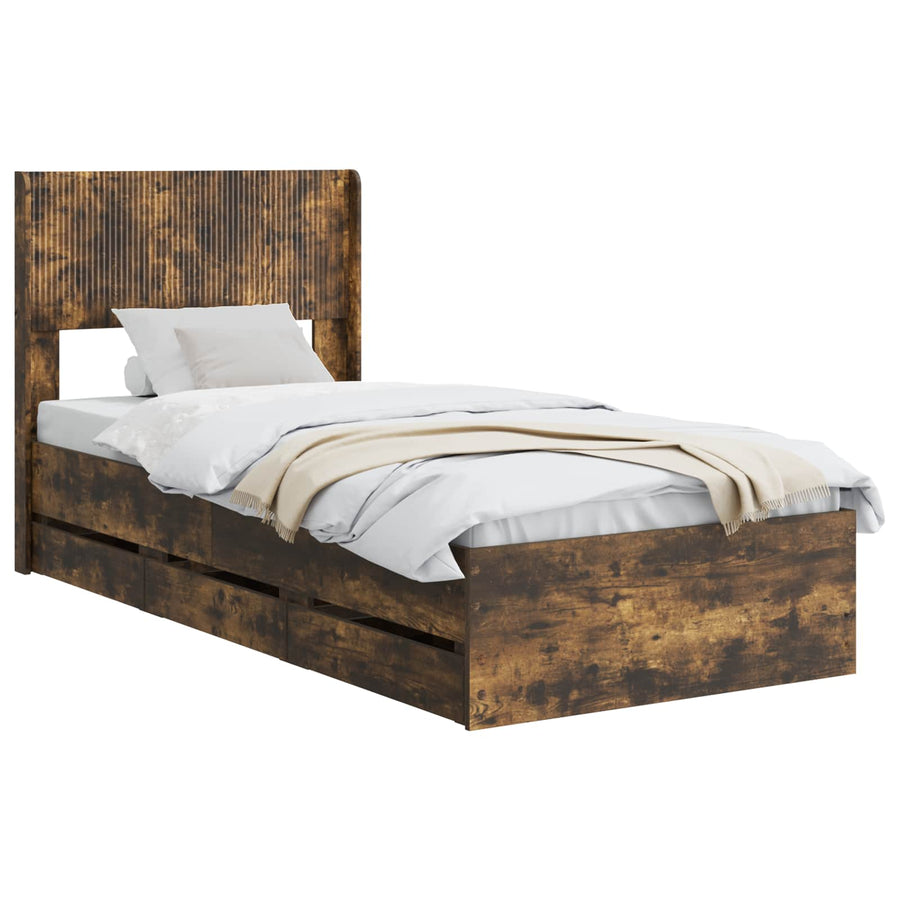 Bedframe met opbergruimte en hoofdbord met lade Gerookt eiken