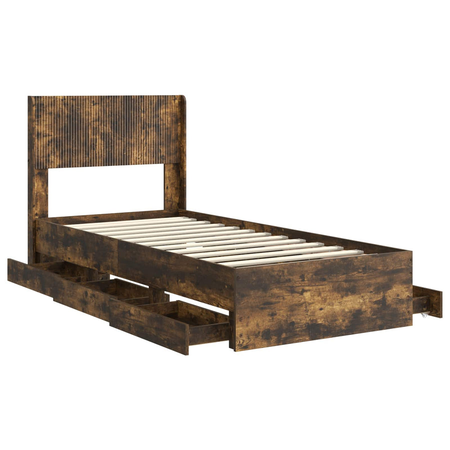 Bedframe met opbergruimte en hoofdbord met lade Gerookt eiken