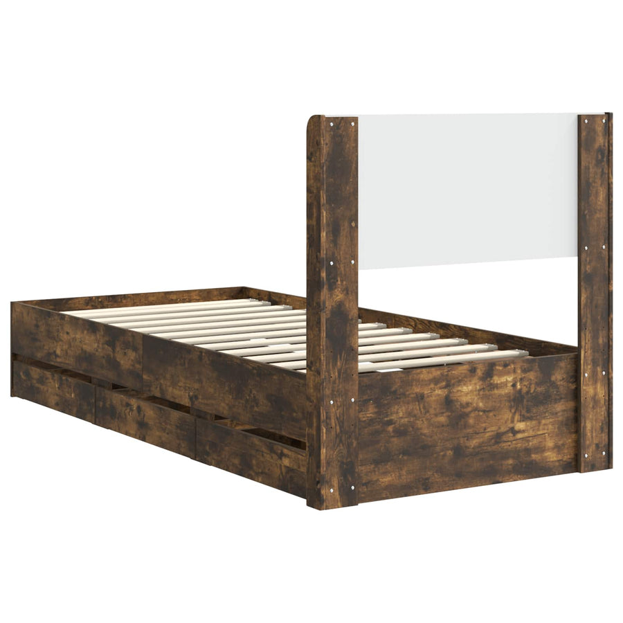 Bedframe met opbergruimte en hoofdbord met lade Gerookt eiken