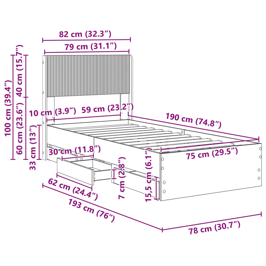 Bedframe met opbergruimte en hoofdbord met lade Wit 75 x 190 cm