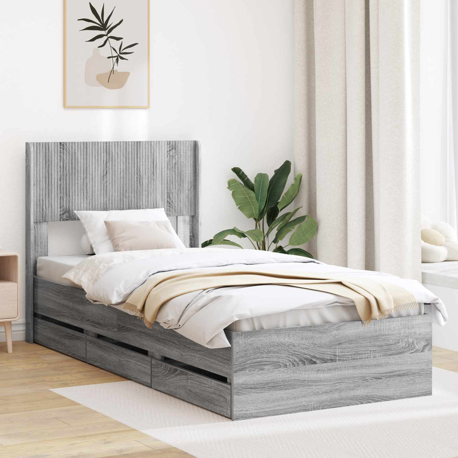 Bedframe met opbergruimte en hoofdbord Grijs sonoma 75 x 190 cm