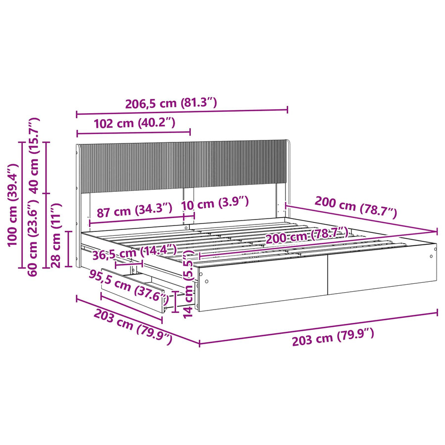 Bedframe met opbergruimte en hoofdbord 3 pcs Bewerkt hout