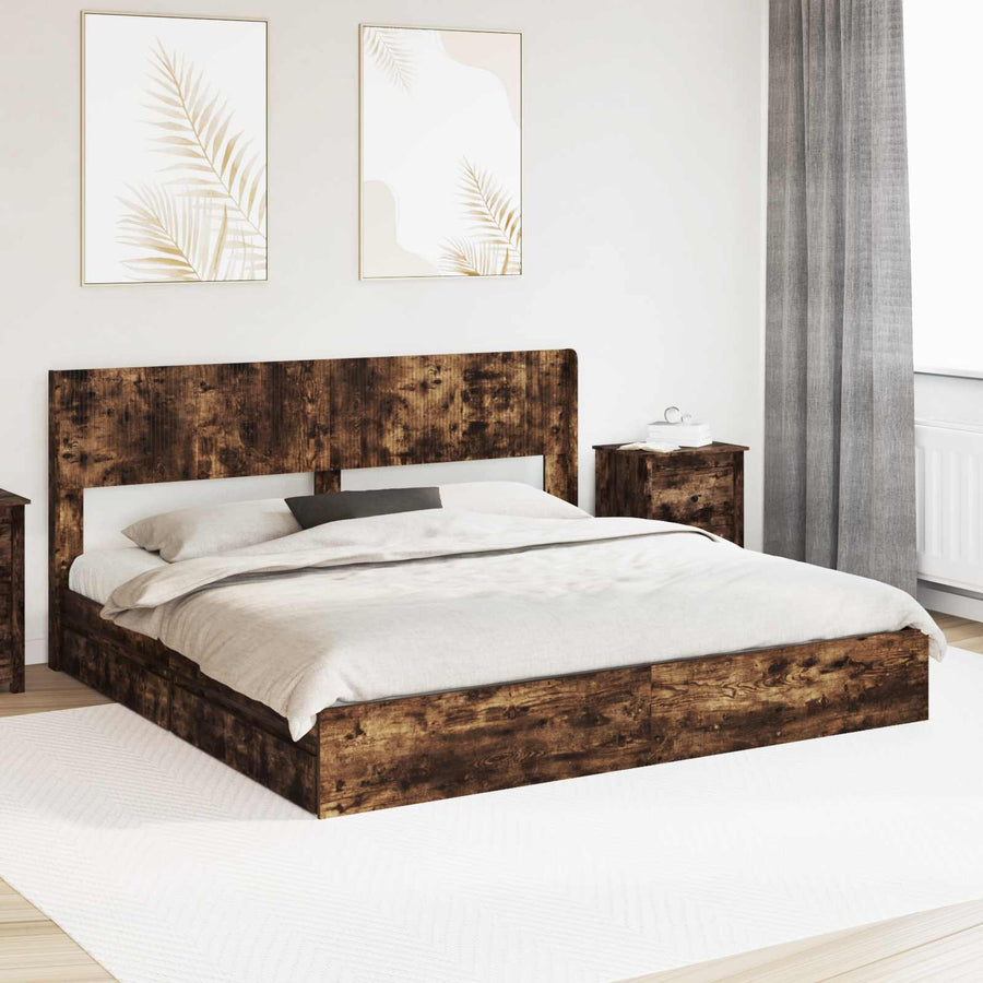 Bedframe met opbergruimte en hoofdbord Gerookt eiken