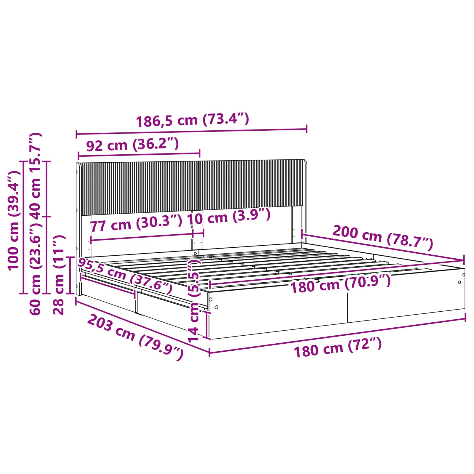 Bedframe met opbergruimte en hoofdbord Gerookt eiken