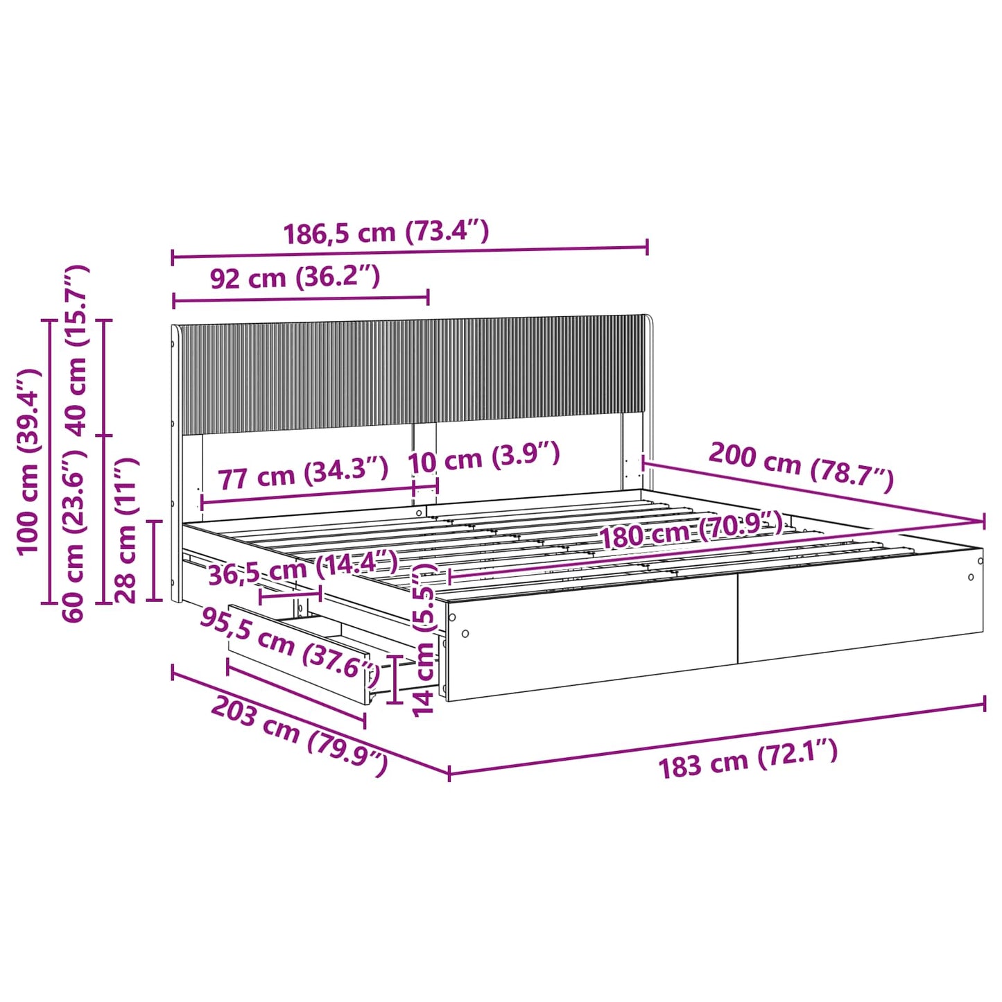 Bedframe met opbergruimte en hoofdbord Grijs Sonoma