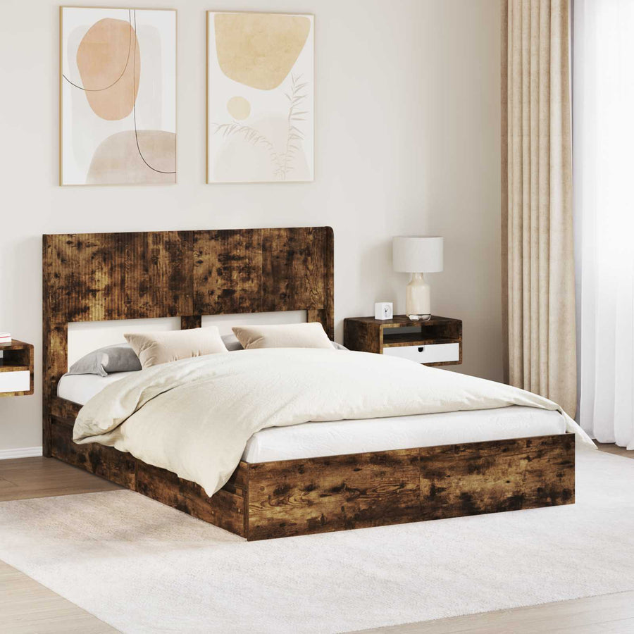 Bedframe met opbergruimte en hoofdbord Gerookt eiken