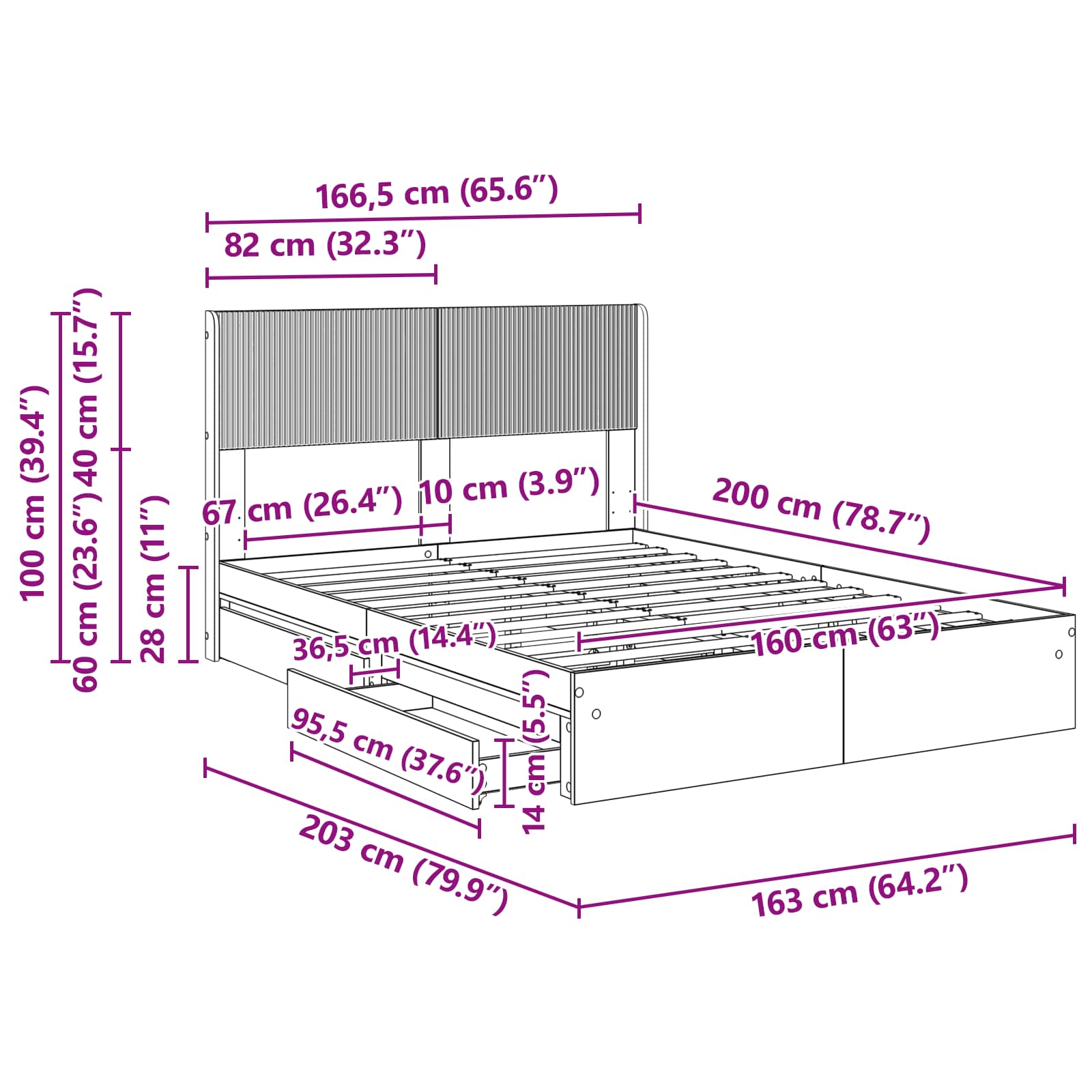 Bedframe met opbergruimte en hoofdbord Grijs Sonoma