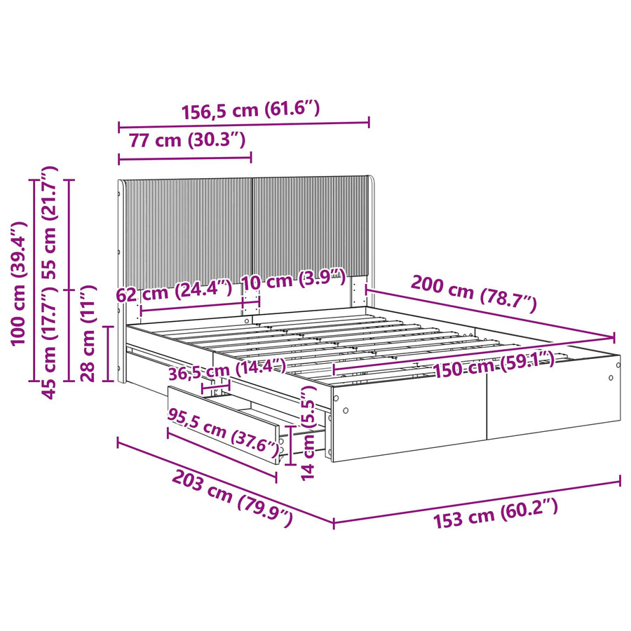 Bedframe met opbergruimte en hoofdbord Betongrijs 150 x 200 cm