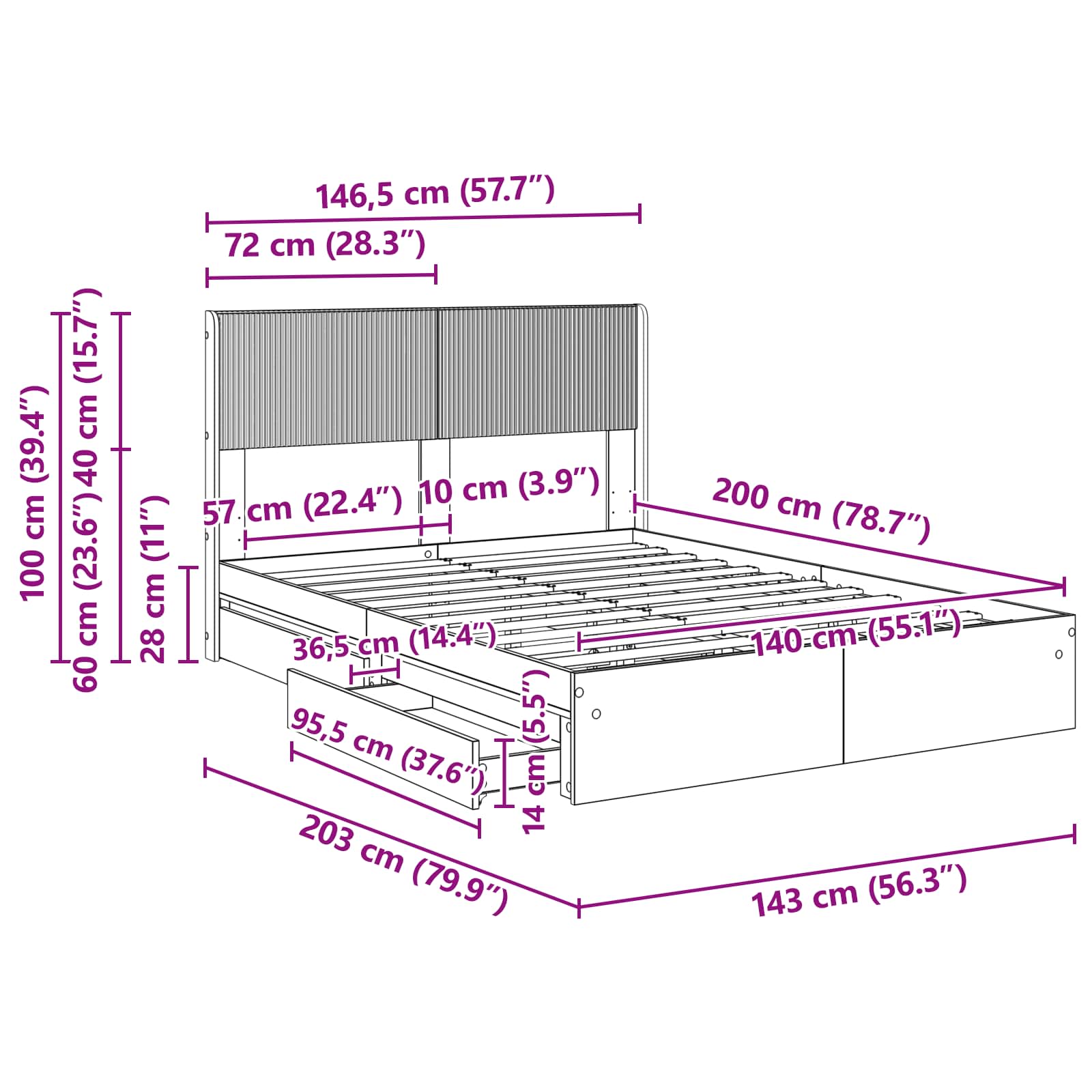 Bedframe met opbergruimte en hoofdbord Grijs Sonoma