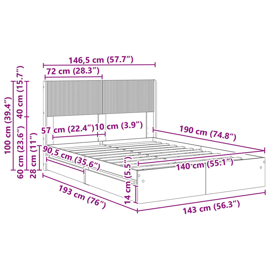 Bedframe met opbergruimte en hoofdbord Wit 140 x 190 cm