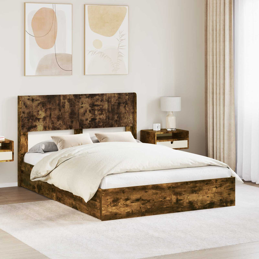 Bedframe met opbergruimte en hoofdbord Gerookt eiken