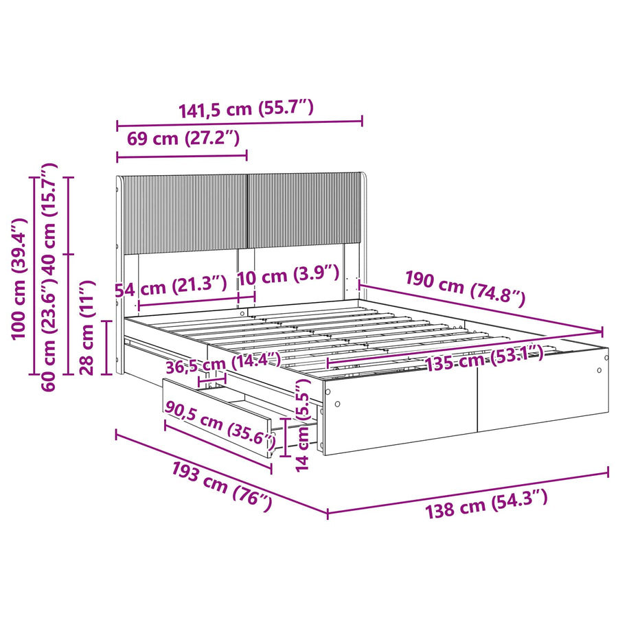 Bedframe met opbergruimte en hoofdbord Gerookt eiken