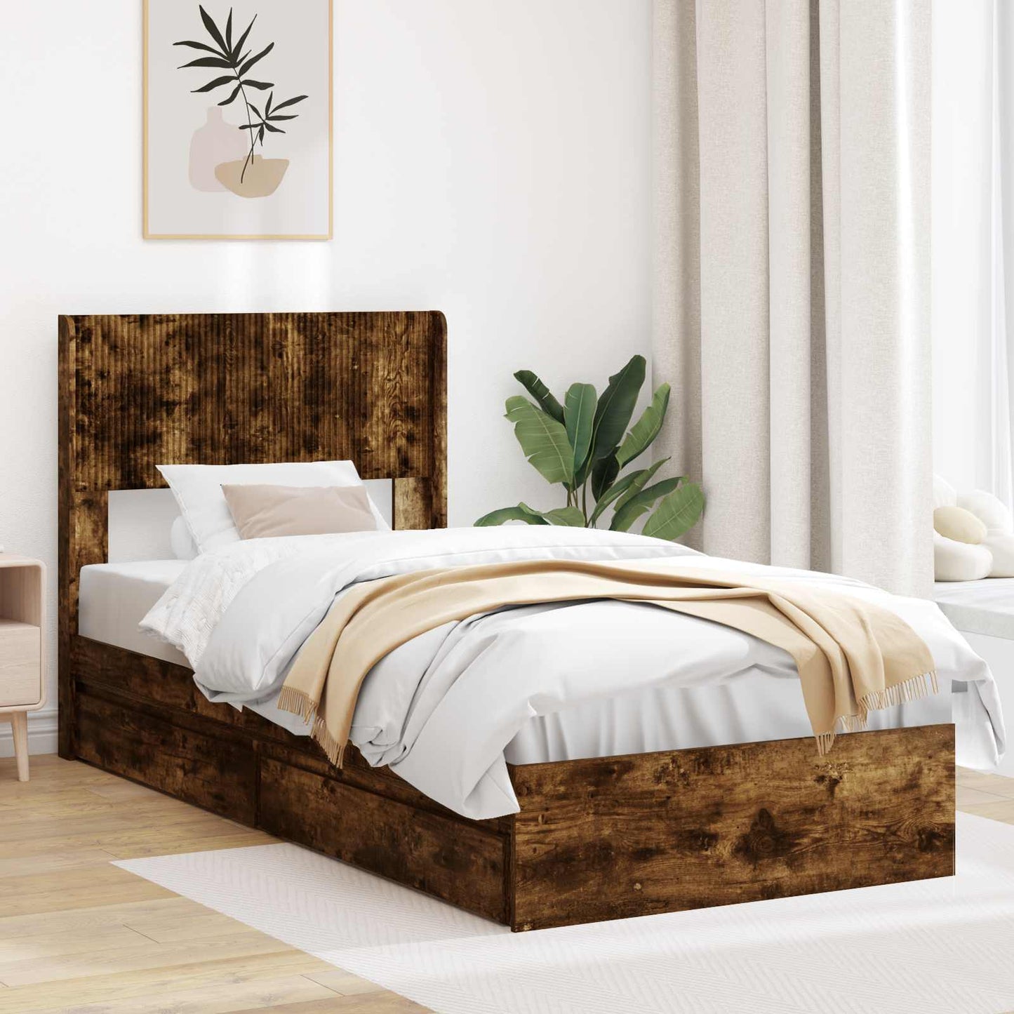Bedframe met opbergruimte en hoofdbord Gerookt eiken