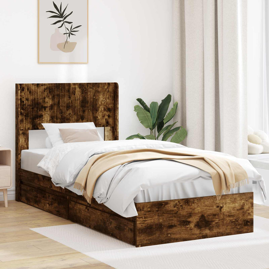 Bedframe met opbergruimte en hoofdbord Gerookt eiken