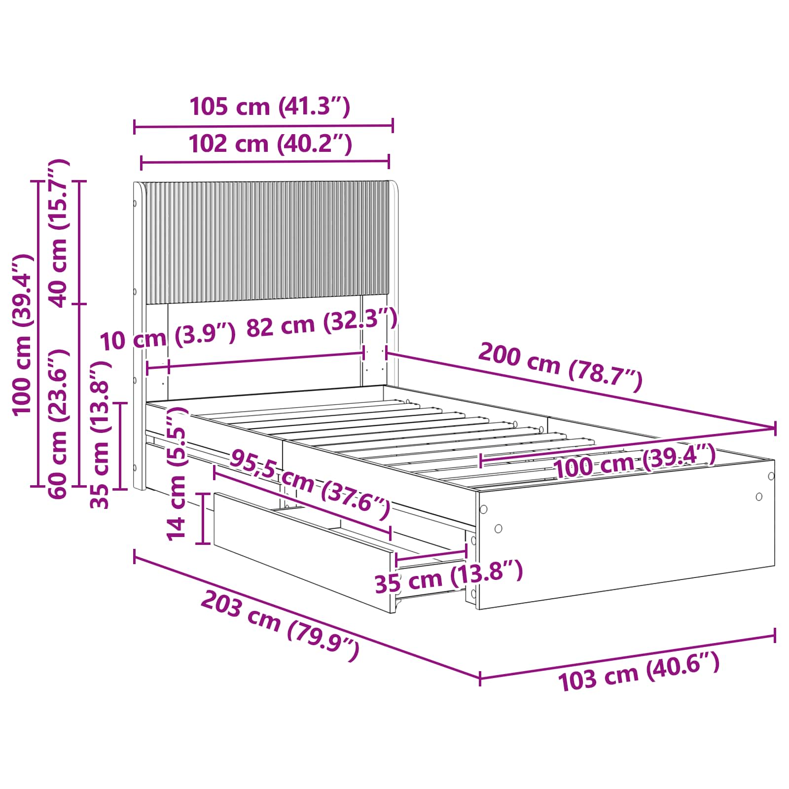 Bedframe met opbergruimte en hoofdbord Wit 90 x 200 cm