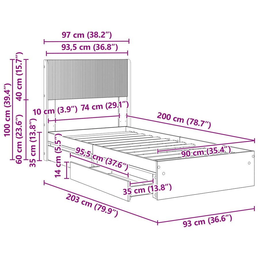 Bedframe met opbergruimte en hoofdbord Grijs Sonoma 90 x 200 cm