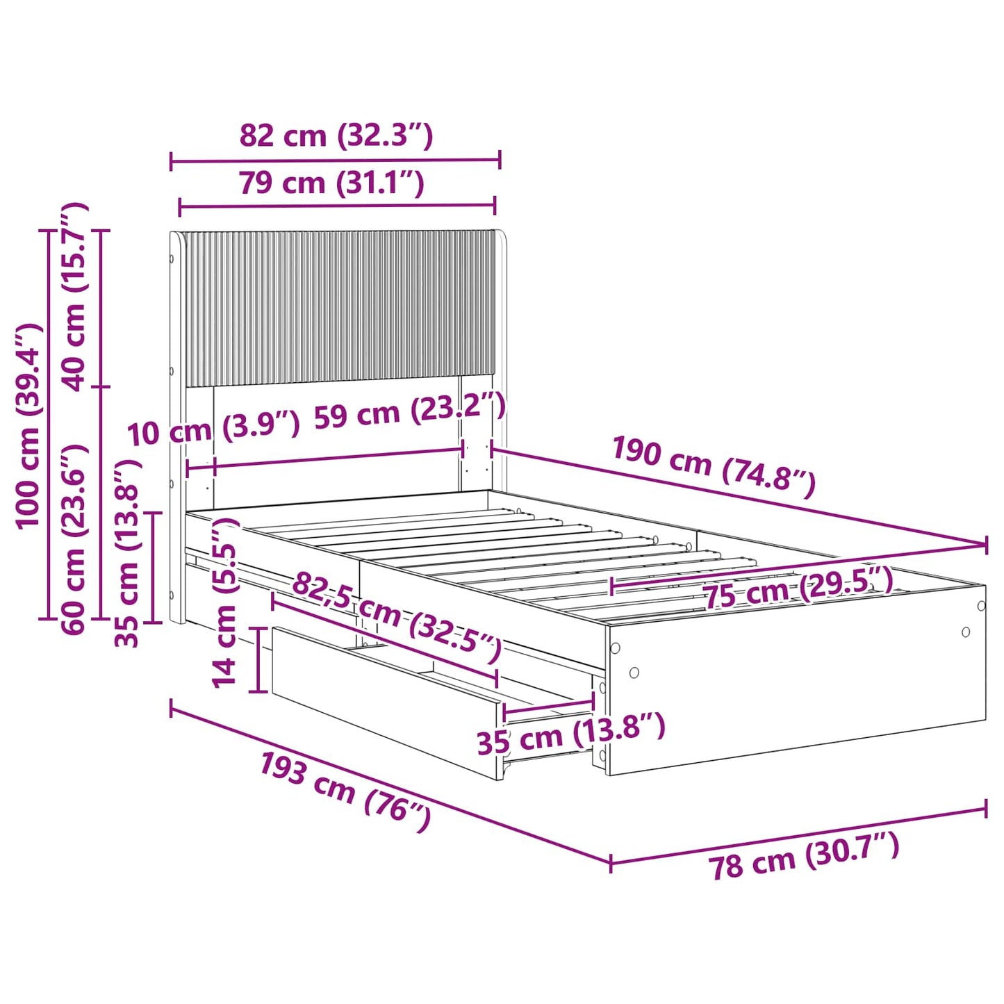 Bedframe met opbergruimte en hoofdbord Betongrijs 75 x 190 cm
