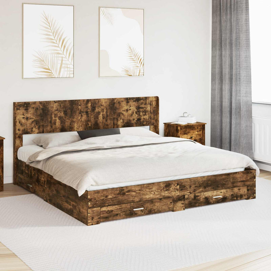 Bedframe met opbergruimte en hoofdbord Gerookt eiken