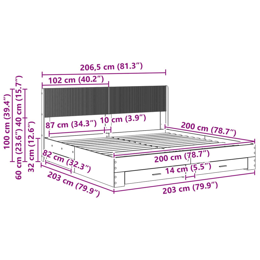 Bedframe met opbergruimte en hoofdbord Gerookt eiken